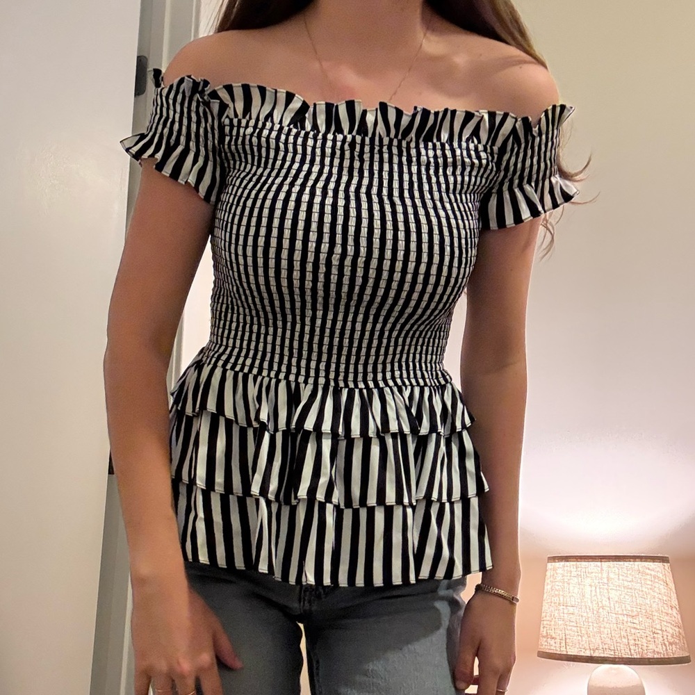 Caroline Constas Navy and White Ruffle Blouse NWT